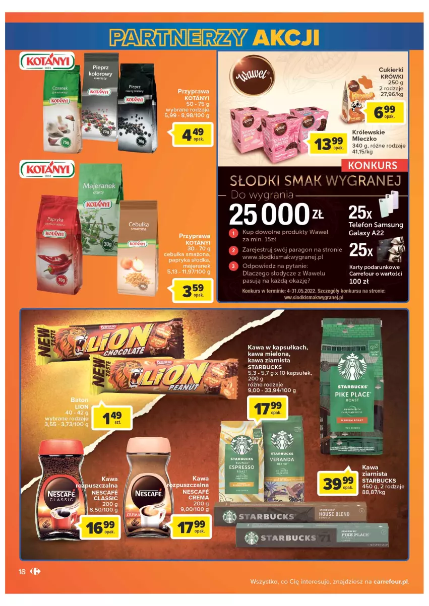 Gazetka promocyjna Carrefour - Gazetka Carrefour - ważna 04.05 do 28.05.2022 - strona 18 - produkty: Cukier, Cukierki, Czosnek, Gala, Gra, Kawa, Kawa mielona, Kawa ziarnista, Królewski, Królewskie Mleczko, Mleczko, Mus, Papryka, Papryka słodka, Pieprz, Samsung, Telefon, Wawel