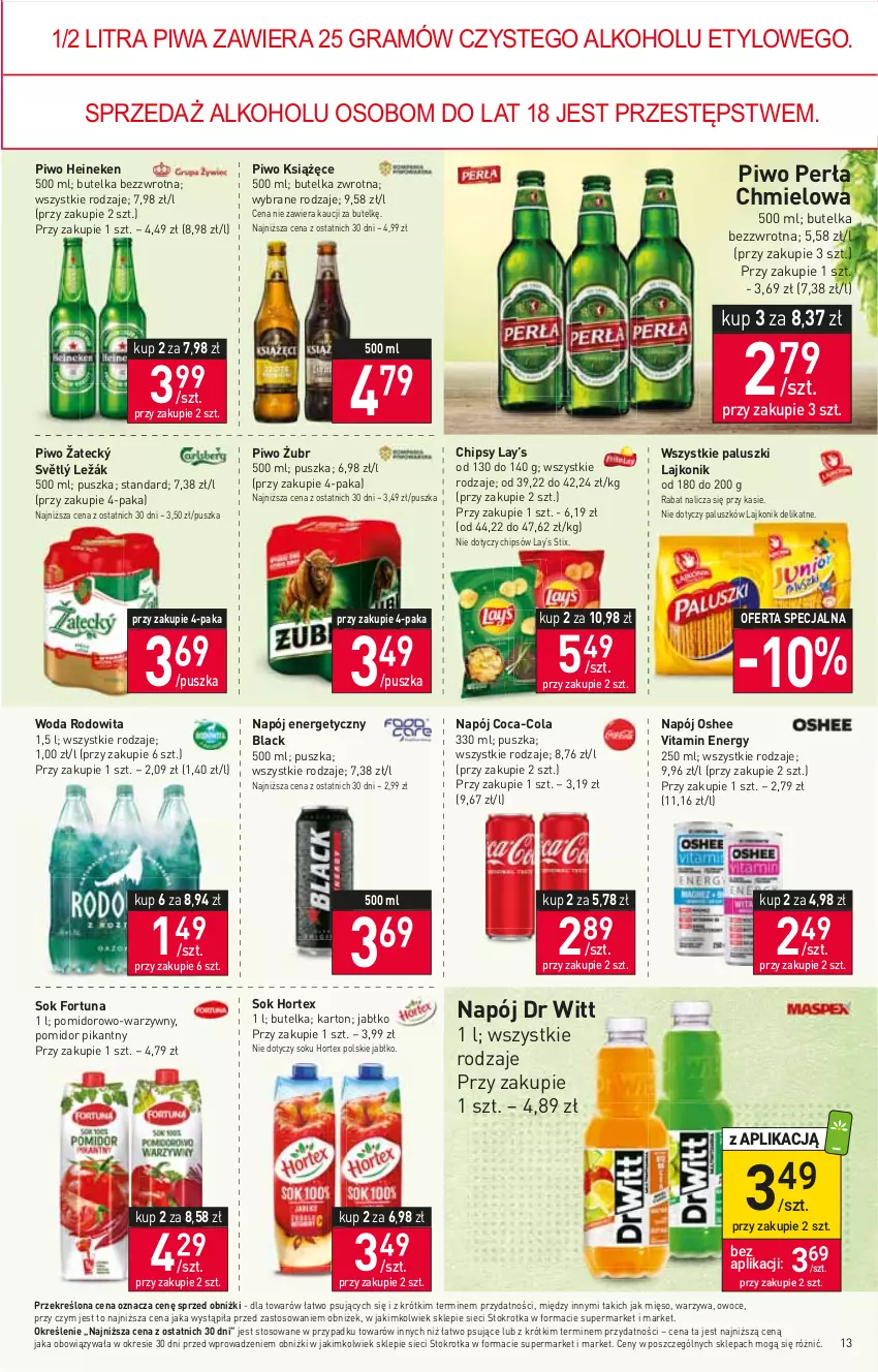 Gazetka promocyjna Stokrotka - Supermarket - ważna 20.04 do 26.04.2023 - strona 13 - produkty: Chipsy, Coca-Cola, Fortuna, Gra, Heineken, Hortex, Książęce, Lack, Lajkonik, Lay’s, Mięso, Napój, Napój energetyczny, Oshee, Owoce, Perła, Piwa, Piwo, Sok, Warzywa, Woda