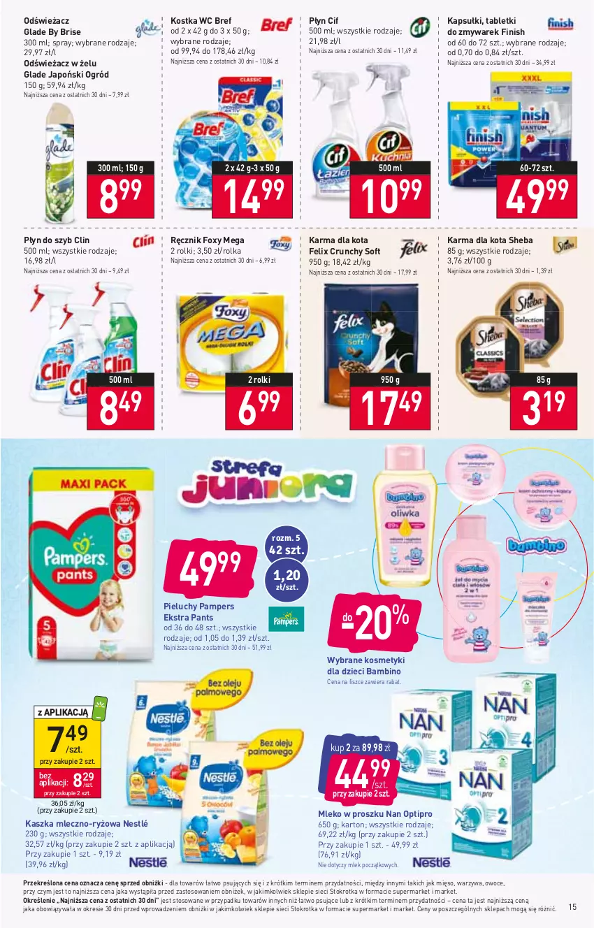 Gazetka promocyjna Stokrotka - Supermarket - ważna 20.04 do 26.04.2023 - strona 15 - produkty: Bref, Cif, Clin, Dzieci, Felix, Finish, Foxy, Kosmetyki dla dzieci, Mięso, Mleko, Mleko w proszku, NAN Optipro, Nestlé, Ogród, Owoce, Pampers, Pieluchy, Płyn do szyb, Ręcznik, Rolki, Ryż, Sheba, Tablet, Warzywa