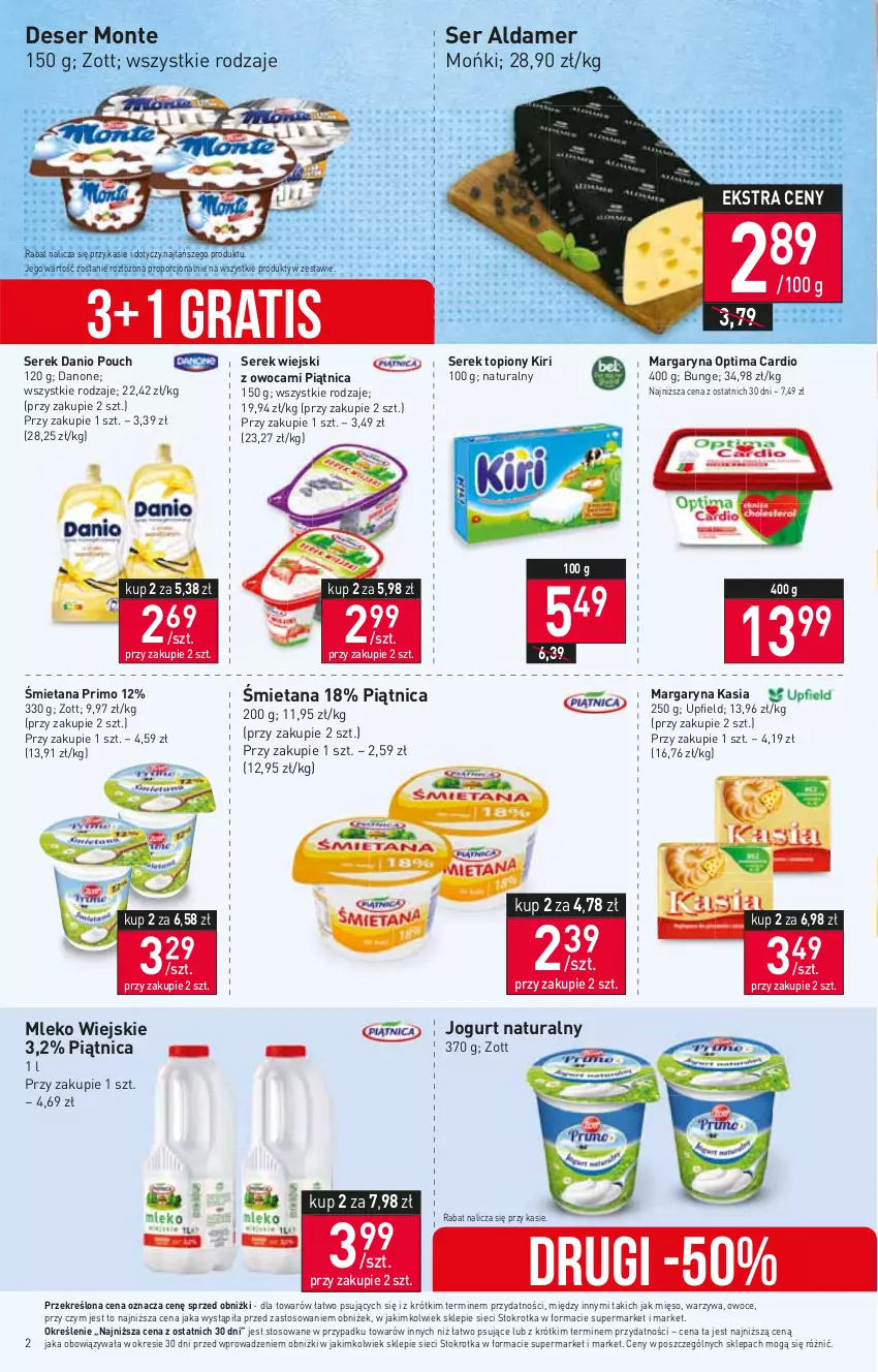 Gazetka promocyjna Stokrotka - Supermarket - ważna 20.04 do 26.04.2023 - strona 2 - produkty: Danio, Danone, Deser, Gra, Jogurt, Jogurt naturalny, Kasia, Margaryna, Mięso, Mleko, Monte, Optima, Optima Cardio, Owoce, Piątnica, Por, Ser, Serek, Serek wiejski, Top, Warzywa, Zott