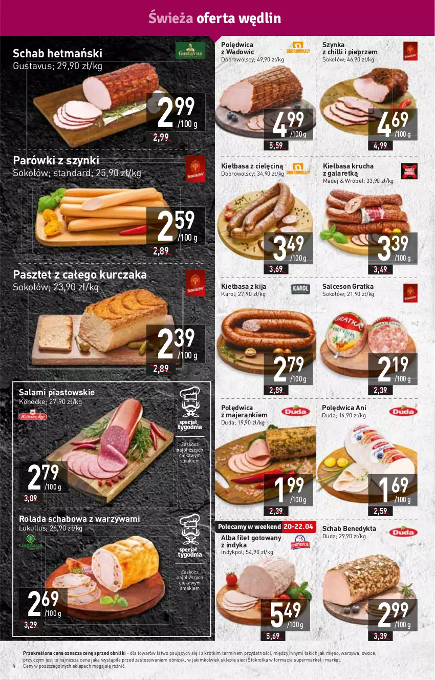 Gazetka promocyjna Stokrotka - Supermarket - ważna 20.04 do 26.04.2023 - strona 4 - produkty: Duda, Gala, Gra, HP, Kiełbasa, Kiełbasa krucha, Kurczak, Mięso, Owoce, Parówki, Parówki z szynki, Pasztet, Piast, Pieprz, Polędwica, Rolada, Salami, Salceson, Schab Benedykta, Sok, Sokołów, Szynka, Warzywa