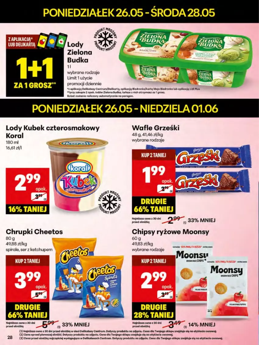 Gazetka promocyjna Delikatesy Centrum - Franczyza DC22 Poniedziałek - ważna 26.05 do 01.06.2025 - strona 28 - produkty: Cheetos, Chipsy, Chrupki, Dron, Grześki, Ketchup, Kubek, Lody, Rum, Ryż, Ser, Wafle, Zielona Budka