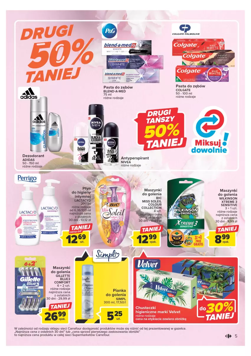 Gazetka promocyjna Carrefour - Gazetka Wiosna w pięknym stylu - ważna 07.03 do 18.03.2023 - strona 5 - produkty: Adidas, Antyperspirant, BIC, Blend-a-Med, Chusteczki, Colgate, Dezodorant, Gillette, Lack, Lactacyd, LG, Nivea, Palmolive, Pasta do zębów, Velvet