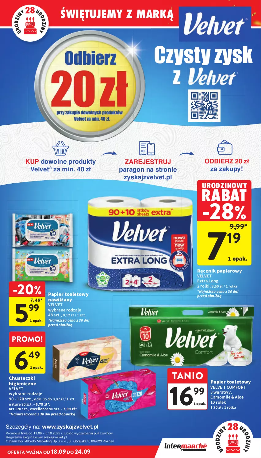 Gazetka promocyjna Intermarche - Gazetka Intermarche - ważna 18.09 do 24.09.2025 - strona 17 - produkty: Chusteczki, Papier, Papier toaletowy, Ręcznik, Rolki, Velvet