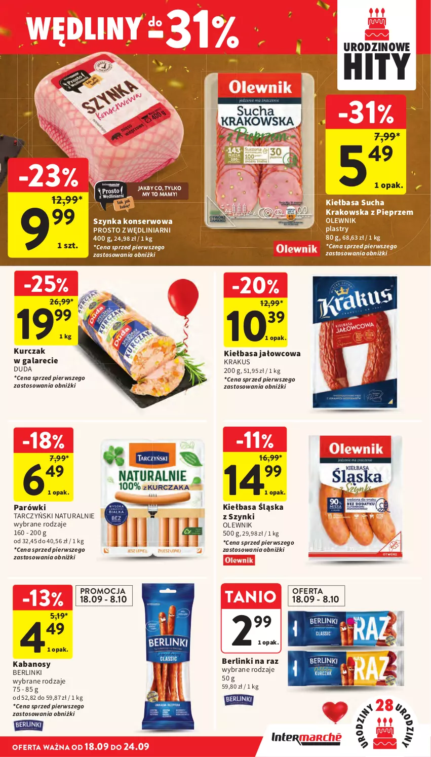 Gazetka promocyjna Intermarche - Gazetka Intermarche - ważna 18.09 do 24.09.2025 - strona 25 - produkty: Berlinki, Duda, Gala, Kabanos, Kiełbasa, Kiełbasa śląska, Krakus, Kurczak, Olewnik, Parówki, Pieprz, Ser, Szynka, Szynka konserwowa, Tarczyński