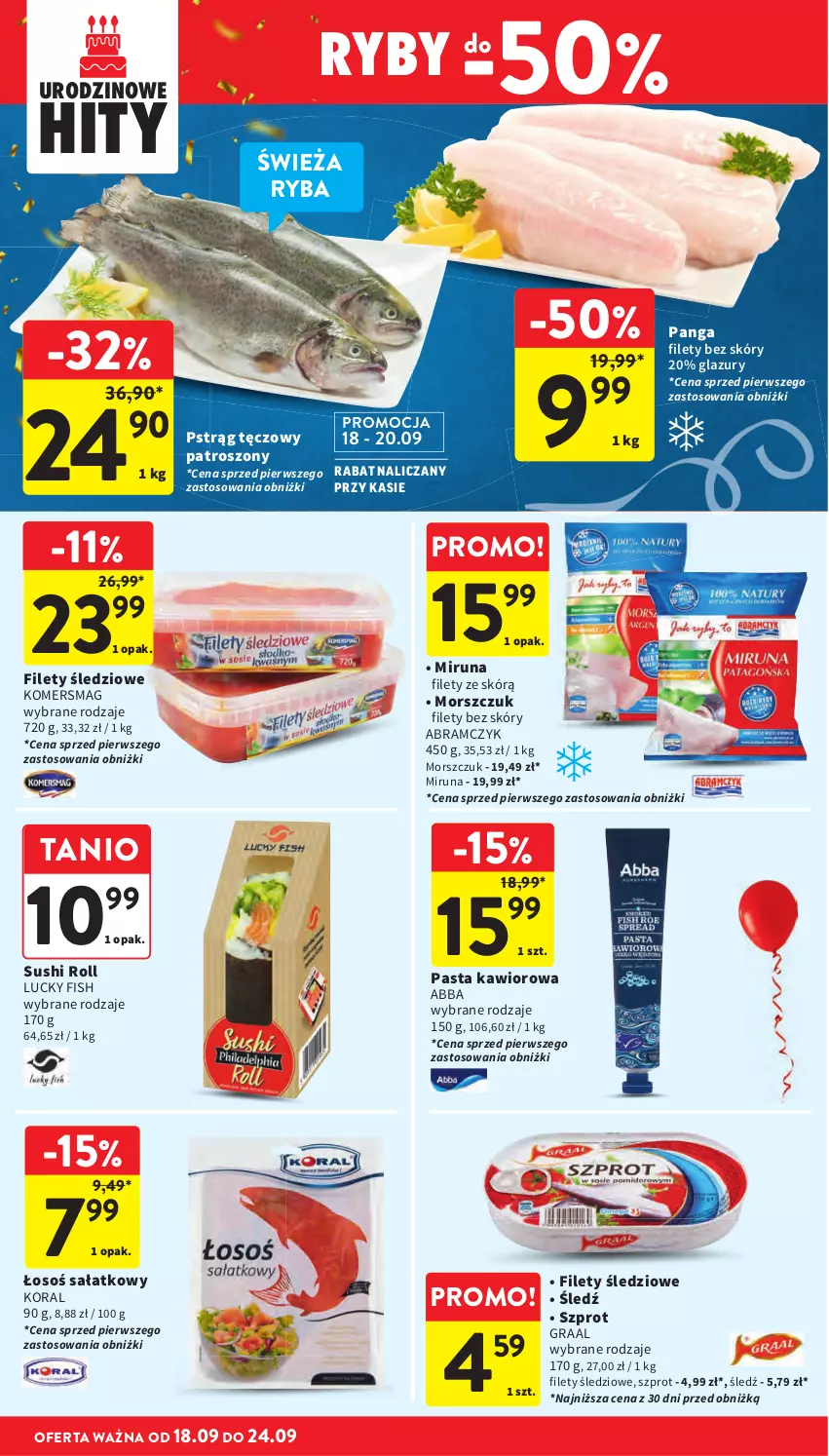 Gazetka promocyjna Intermarche - Gazetka Intermarche - ważna 18.09 do 24.09.2025 - strona 28 - produkty: Gra, Graal, Kawior, Lazur, Miruna, Panga, Pstrąg, Pstrąg tęczowy, Ryba, Sałat, Sushi, Szprot
