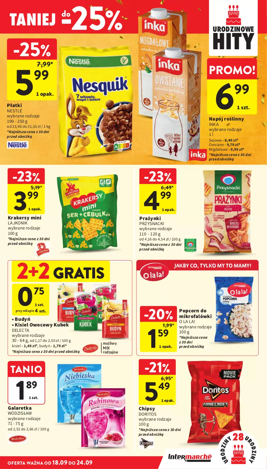 Gazetka promocyjna Intermarche - Gazetka Intermarche - ważna 18.09 do 24.09.2025 - strona 35 - produkty: Budyń, Chipsy, Delecta, Fa, Gala, Galaretka, Gra, Inka, Kisiel, Krakersy, Kubek, Lajkonik, Napój, Napój roślinny, Nestlé, Popcorn, Przysnacki