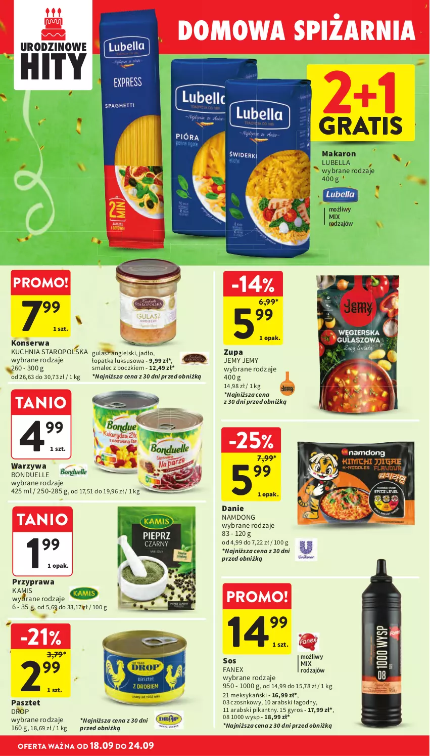 Gazetka promocyjna Intermarche - Gazetka Intermarche - ważna 18.09 do 24.09.2025 - strona 36 - produkty: Bell, Bella, Bonduelle, Fa, Gra, Gyros, Kamis, Kuchnia, Kuchnia Staropolska, Lubella, Makaron, Pasztet, Ser, Smalec, Sos, Warzywa, Zupa