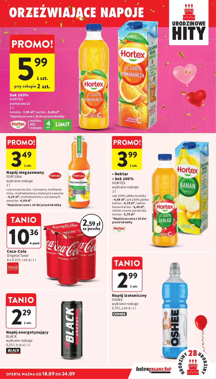 Gazetka promocyjna Intermarche - Gazetka Intermarche - ważna 18.09 do 24.09.2025 - strona 39 - produkty: Coca-Cola, Fortuna, Gin, Hortex, Lack, Napój, Napój izotoniczny, Napój niegazowany, Napoje, Nektar, Oshee, Por, Sok