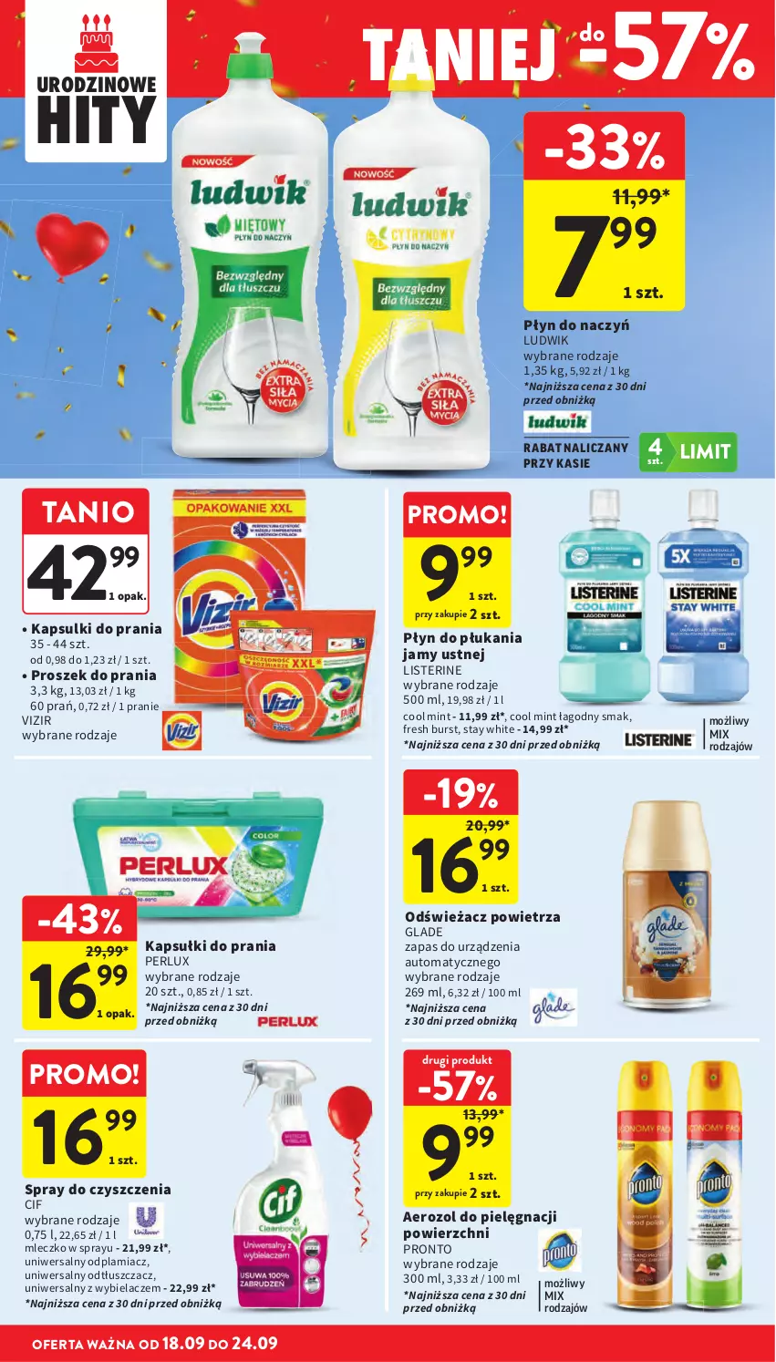Gazetka promocyjna Intermarche - Gazetka Intermarche - ważna 18.09 do 24.09.2025 - strona 42 - produkty: Cif, Kapsułki do prania, Listerine, Ludwik, Mleczko, Odplamiacz, Odświeżacz powietrza, Odtłuszczacz, Płyn do płukania, Płyn do płukania jamy ustnej, Pronto, Proszek do prania, Spray do czyszczenia, Vizir