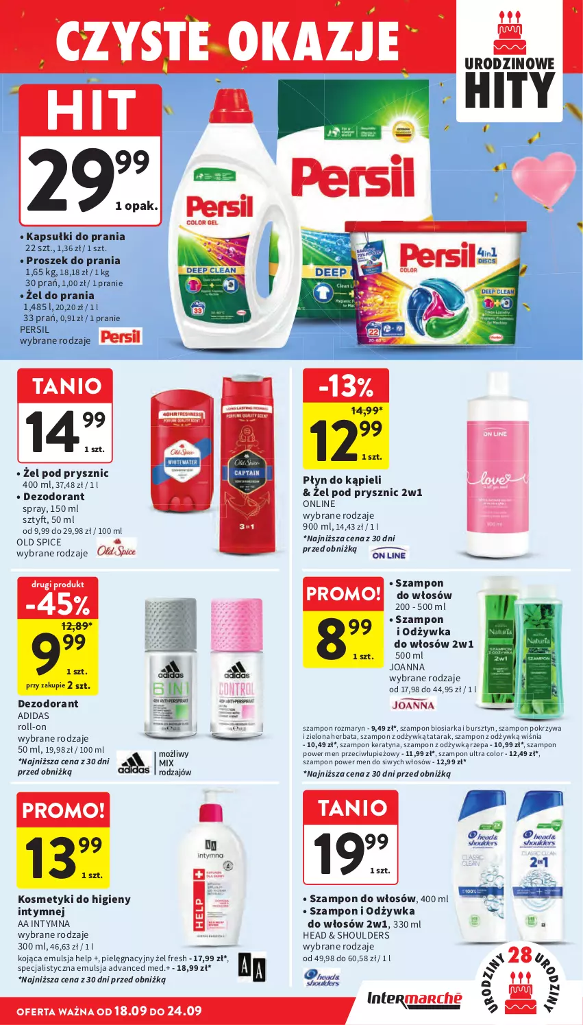 Gazetka promocyjna Intermarche - Gazetka Intermarche - ważna 18.09 do 24.09.2025 - strona 43 - produkty: Adidas, Bursztyn, Dezodorant, Emulsja, Herbata, Joanna, Kapsułki do prania, Odżywka, Old Spice, Persil, Płyn do kąpieli, Proszek do prania, Szampon
