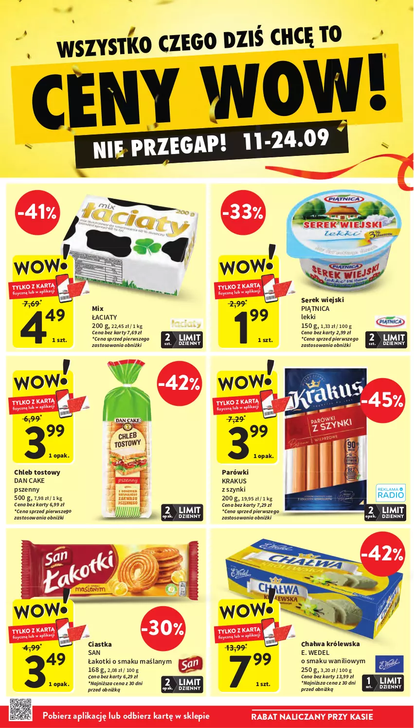 Gazetka promocyjna Intermarche - Gazetka Intermarche - ważna 18.09 do 24.09.2025 - strona 8 - produkty: Chałwa, Chleb, Chleb tostowy, Ciastka, Dan Cake, E. Wedel, Krakus, Parówki, Piątnica, Ser, Serek, Serek wiejski