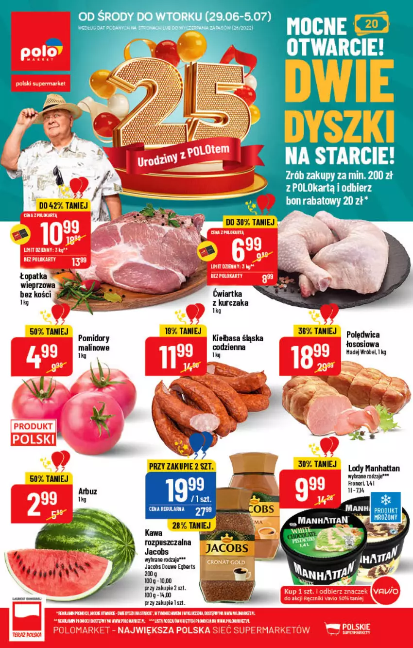 Gazetka promocyjna PoloMarket - Gazetka pomocyjna - ważna 29.06 do 05.07.2022 - strona 1 - produkty: Arbuz, Jacobs, Kiełbasa, Kiełbasa śląska, Kurczak, LG, Lody, Pomidory