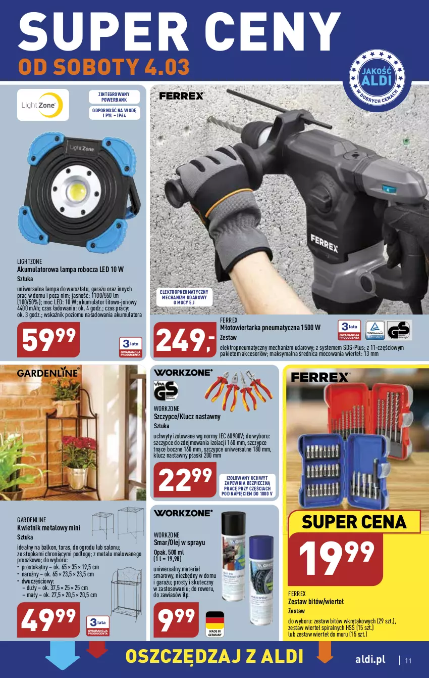 Gazetka promocyjna Aldi - COŚ na przyszły tydzień - ważna 01.03 do 04.03.2023 - strona 11 - produkty: Akumulator, Garaż, Kwietnik, Lampa, Lampa robocza LED, Młot, Młotowiertarka, Olej, Piec, Por, Powerbank, Rower, Szczypce, Tarka, Top, Uchwyty, Wiertarka, Wkręt, Zestaw wierteł