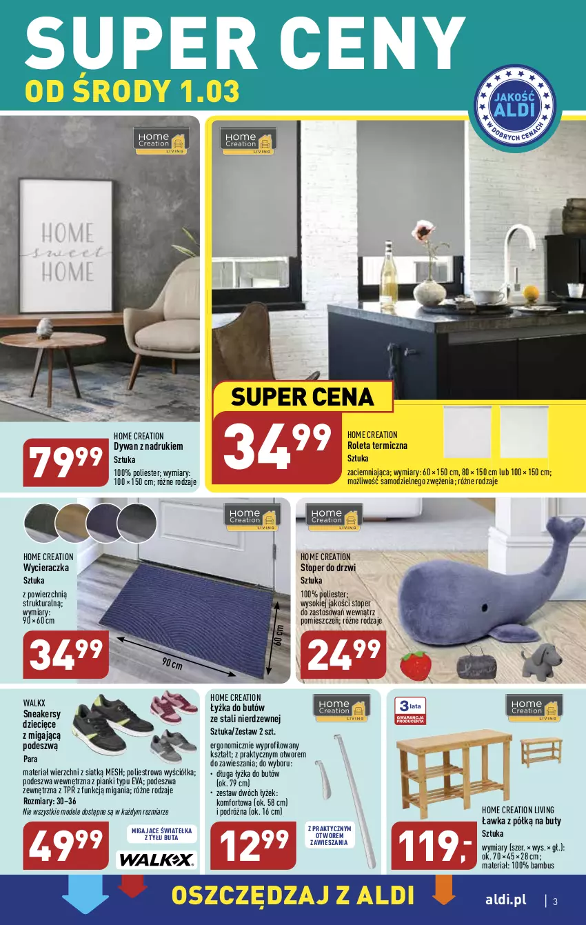 Gazetka promocyjna Aldi - COŚ na przyszły tydzień - ważna 01.03 do 04.03.2023 - strona 3 - produkty: Buty, Drzwi, Dywan, Dzieci, Roleta, Sneakersy, Sok, Top, Wycieraczka