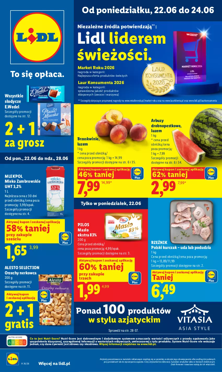 Gazetka promocyjna Lidl - Gazetka ważna od 22.06 do 24.06 - ważna 22.06 do 24.06.2026 - strona 1 - produkty: Arbuz, Brzoskwinie, Gra, Kurczak, Laur, Masło, Mleko, Owoce, Pilos, Warzywa