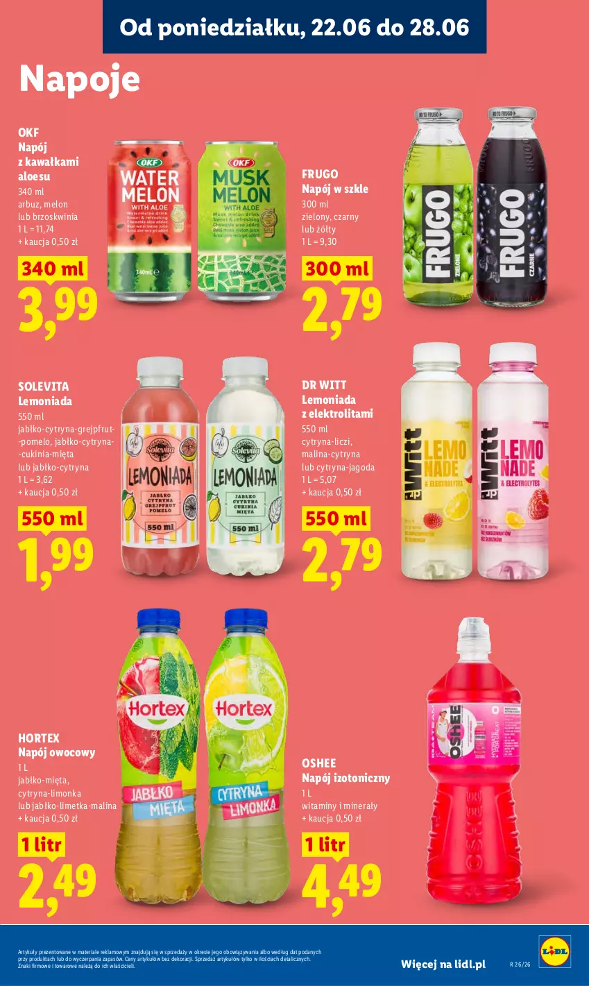 Gazetka promocyjna Lidl - Gazetka ważna od 22.06 do 24.06 - ważna 22.06 do 24.06.2026 - strona 73 - produkty: Arbuz, Grejpfrut, Hortex, Kawa, Lemoniada, Liczi, Limonka, Melon, Mięta, Napój, Napój izotoniczny, Napoje, Oshee, Pomelo