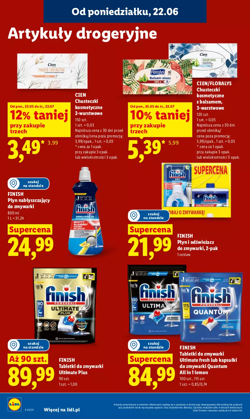 Gazetka promocyjna Lidl - Gazetka ważna od 22.06 do 24.06 - ważna 22.06 do 24.06.2026 - strona 90 - produkty: Chusteczki, Chusteczki kosmetyczne, Finish, Flora, Odświeżacz do zmywarki, Płyn nabłyszczający, Tablet, Tabletki do zmywarki, Zmywarki