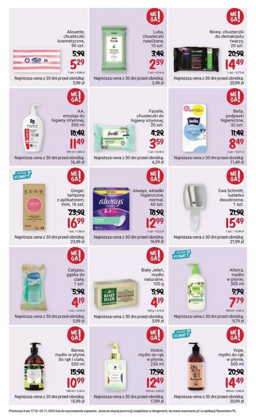 Gazetka promocyjna Rossmann - ważna 17.10 do 02.11.2023 - strona 13 - produkty: Alouette, Alterra, Always, Bell, Bella, Biały Jeleń, Chusteczki, Chusteczki do higieny, Chusteczki kosmetyczne, Emulsja, Ewa Schmitt, Fa, Gin, Makijaż, Mydło, Mydło w płynie, Nivea, Podpaski, Tampony, Wkładki