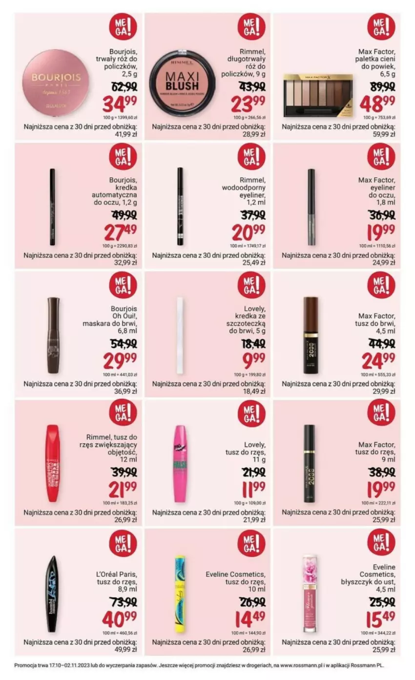 Gazetka promocyjna Rossmann - ważna 17.10 do 02.11.2023 - strona 2 - produkty: Błyszczyk do ust, Bourjois, Eveline, Fa, Kredka, Maska, Maskara, Max Factor, Paletka cieni, Por, Róż do policzków, Tusz