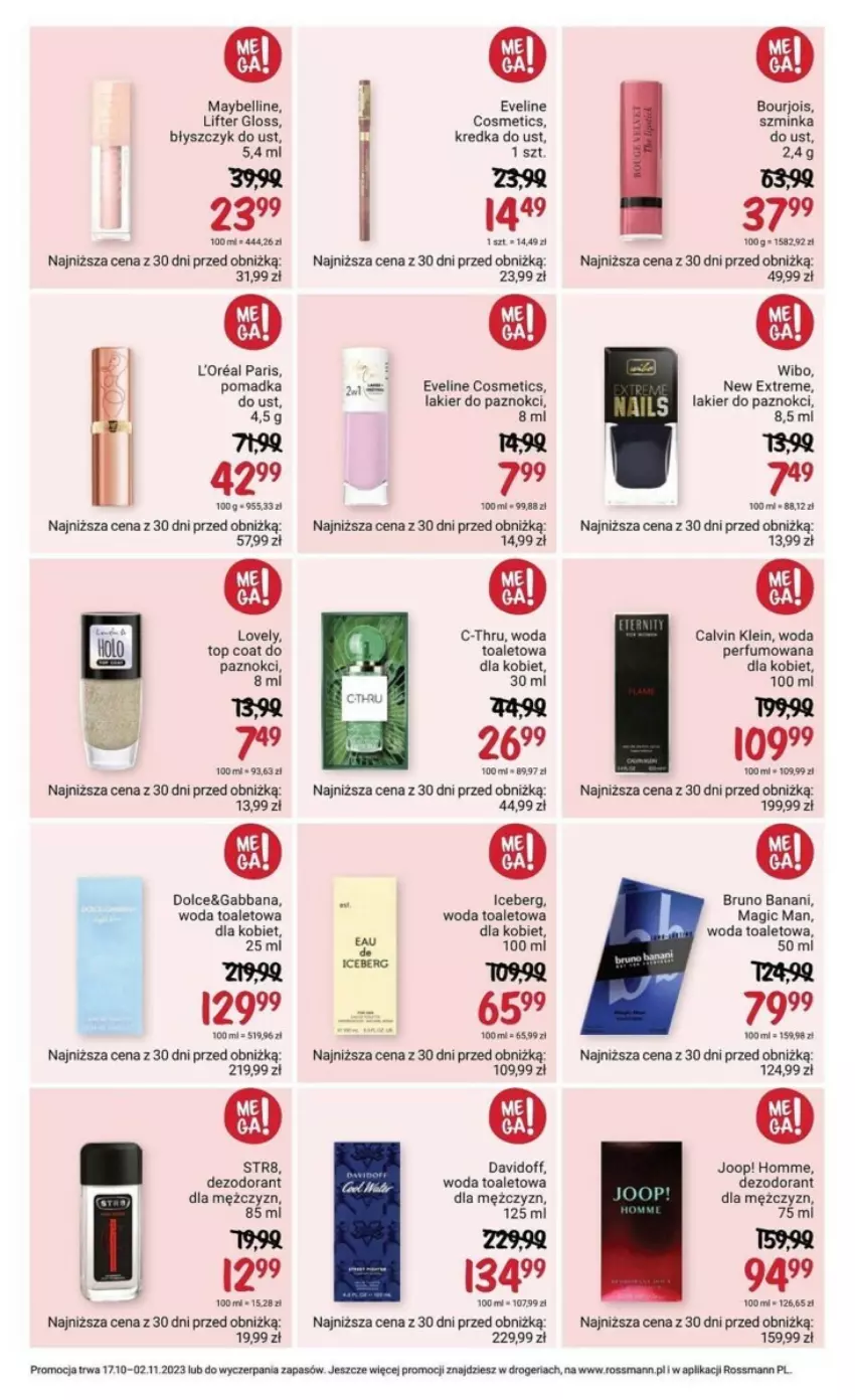 Gazetka promocyjna Rossmann - ważna 17.10 do 02.11.2023 - strona 3 - produkty: Bell, Błyszczyk do ust, Bourjois, Bruno Banani, C-Thru, Calvin Klein, Davidoff, Dezodorant, Eveline, Inka, JOOP!, Kredka, Lakier, Lakier do paznokci, Maybelline, Perfum, Rama, Szminka, Top, Wibo, Woda, Woda perfumowana, Woda toaletowa