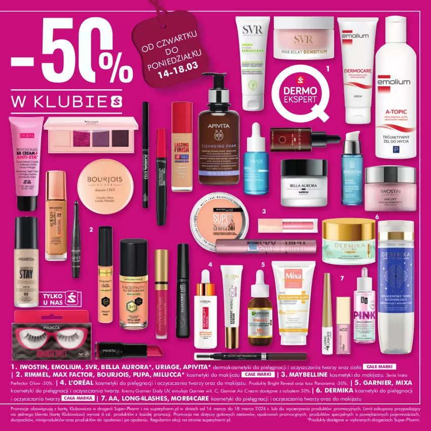 Gazetka promocyjna Super Pharm - Gazetka - ważna 14.03 do 18.03.2024 - strona 3 - produkty: Bell, Bella, Bourjois, Dermika, Emolium, Emulsja, Fa, Garnier, Iwostin, Kosmetyki do pielęgnacji, L’Oréal, Makijaż, Max Factor, Maybelline, Mixa, Pupa, Rama, Ser, SVR, Tusz