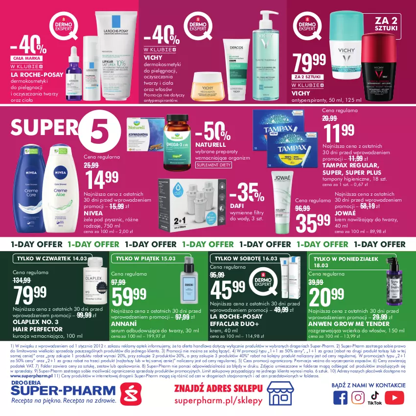 Gazetka promocyjna Super Pharm - Gazetka - ważna 14.03 do 18.03.2024 - strona 8 - produkty: Antyperspirant, Dres, Fa, Gra, Kosmetyki do pielęgnacji, Krem nawilżający, La Roche-Posay, Naturell, Nivea, Olej, Pax, Rum, Ser, Serum, Suplement diety, Tampax, Tampony, Vichy