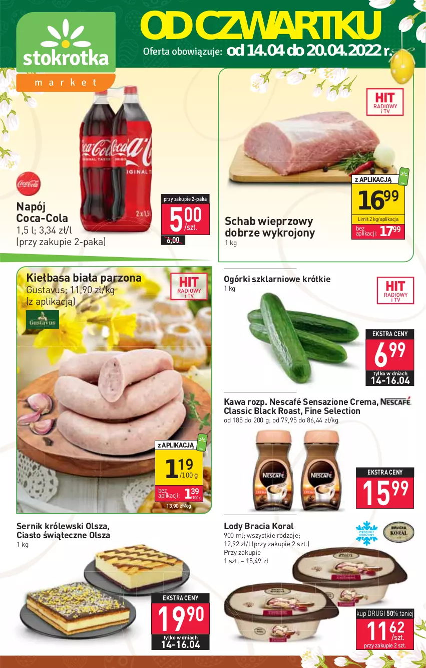 Gazetka promocyjna Stokrotka - Market - ważna 14.04 do 20.04.2022 - strona 1 - produkty: Coca-Cola, Kawa, Kiełbasa, Kiełbasa biała, Królewski, Lack, Lody, Napój, Nescafé, Schab wieprzowy, Ser