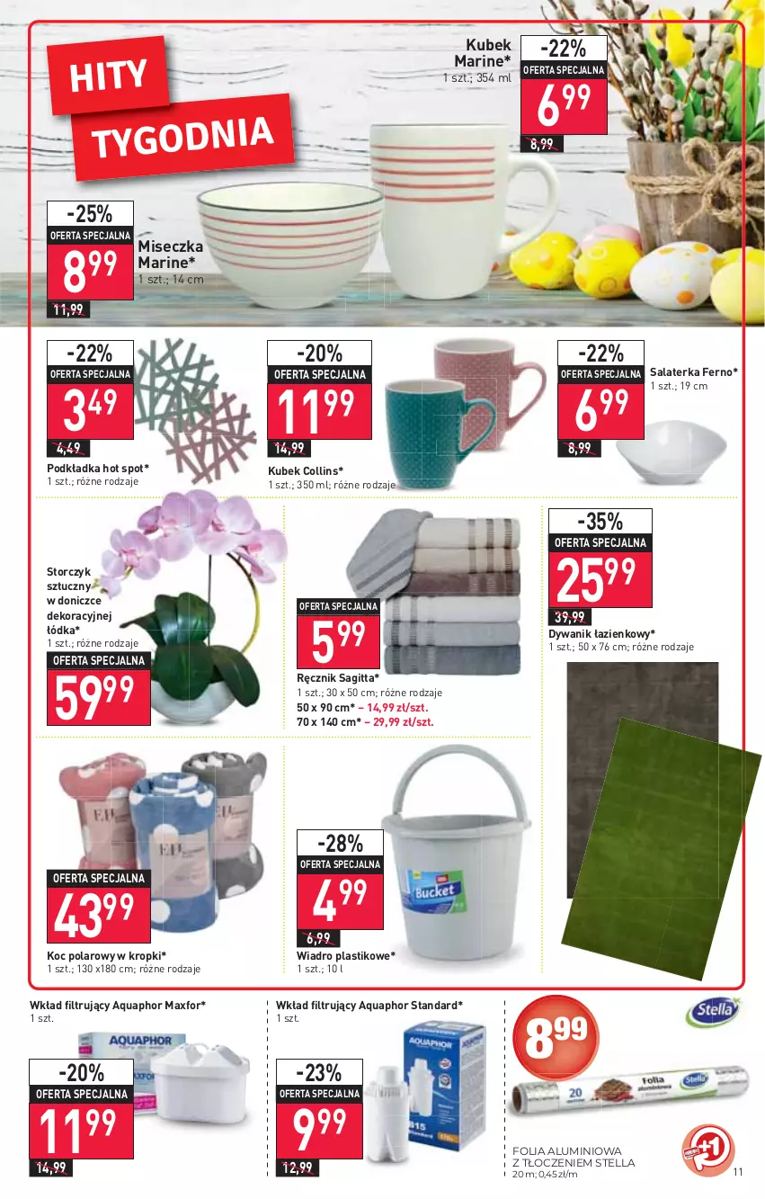 Gazetka promocyjna Stokrotka - Market - ważna 14.04 do 20.04.2022 - strona 11 - produkty: Aquaphor, Dywan, Dywanik, Dywanik łazienkowy, Folia aluminiowa, Koc, Kubek, Miseczka, Podkład, Podkładka, Ręcznik, Salaterka, Storczyk, Wiadro, Wkład filtrujący