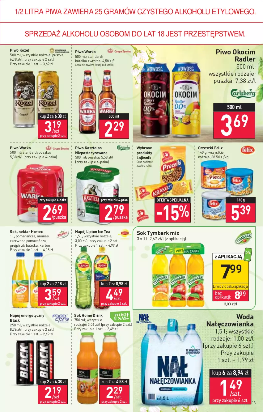 Gazetka promocyjna Stokrotka - Market - ważna 14.04 do 20.04.2022 - strona 13 - produkty: Ananas, Felix, Gra, Grejpfrut, Hortex, Ice tea, Kasztelan, Koc, Kozel, Lack, Lajkonik, Lipton, Nałęczowianka, Napój, Napój energetyczny, Nektar, Okocim, Orzeszki, Piwa, Piwo, Radler, Sok, Tymbark, Warka, Woda