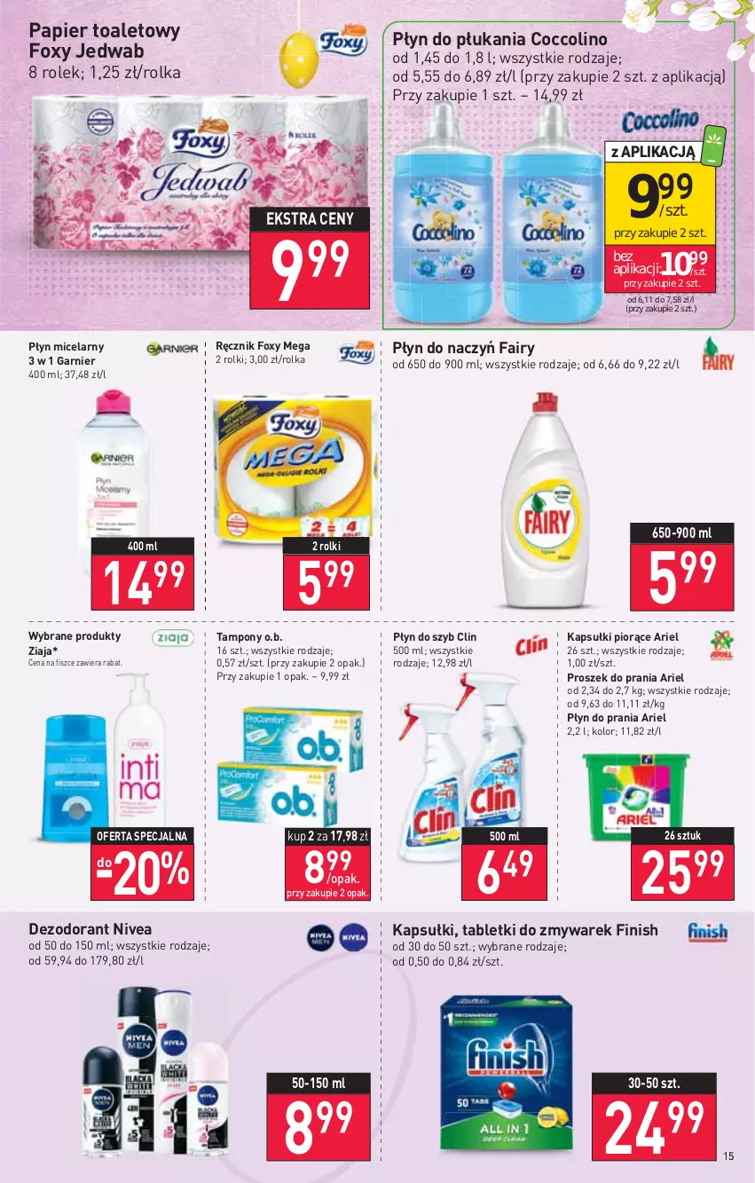 Gazetka promocyjna Stokrotka - Market - ważna 14.04 do 20.04.2022 - strona 15 - produkty: Ariel, Clin, Coccolino, Dezodorant, Fa, Fairy, Finish, Foxy, Garnier, Nivea, O.B., Papier, Papier toaletowy, Płyn do płukania, Płyn do prania, Płyn do szyb, Płyn micelarny, Proszek do prania, Ręcznik, Rolki, Tablet, Tampony, Ziaja