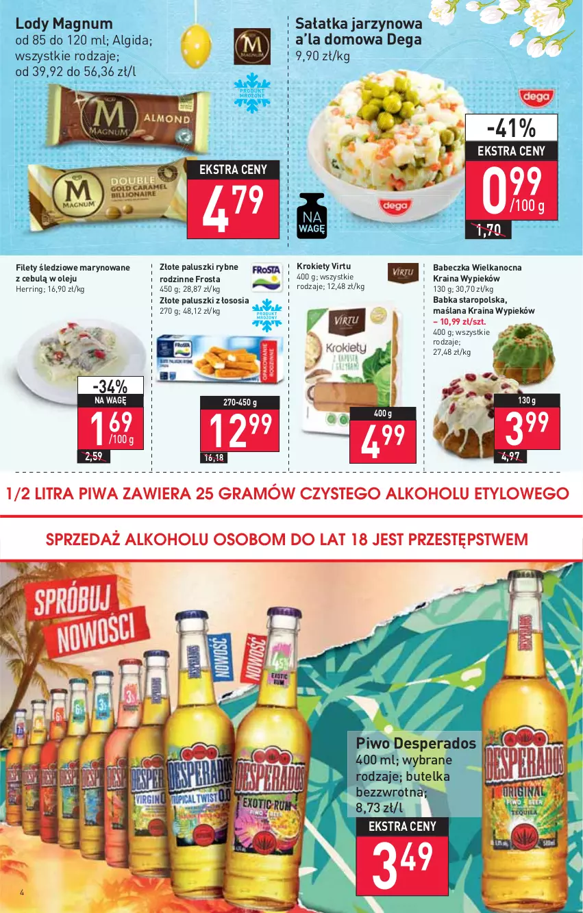 Gazetka promocyjna Stokrotka - Market - ważna 14.04 do 20.04.2022 - strona 4 - produkty: Algida, Babka, Dega, Desperados, Frosta, Krokiety, LANA, LG, Lody, Olej, Paluszki rybne, Piwo, Sałat, Sałatka, Sos, Virtu