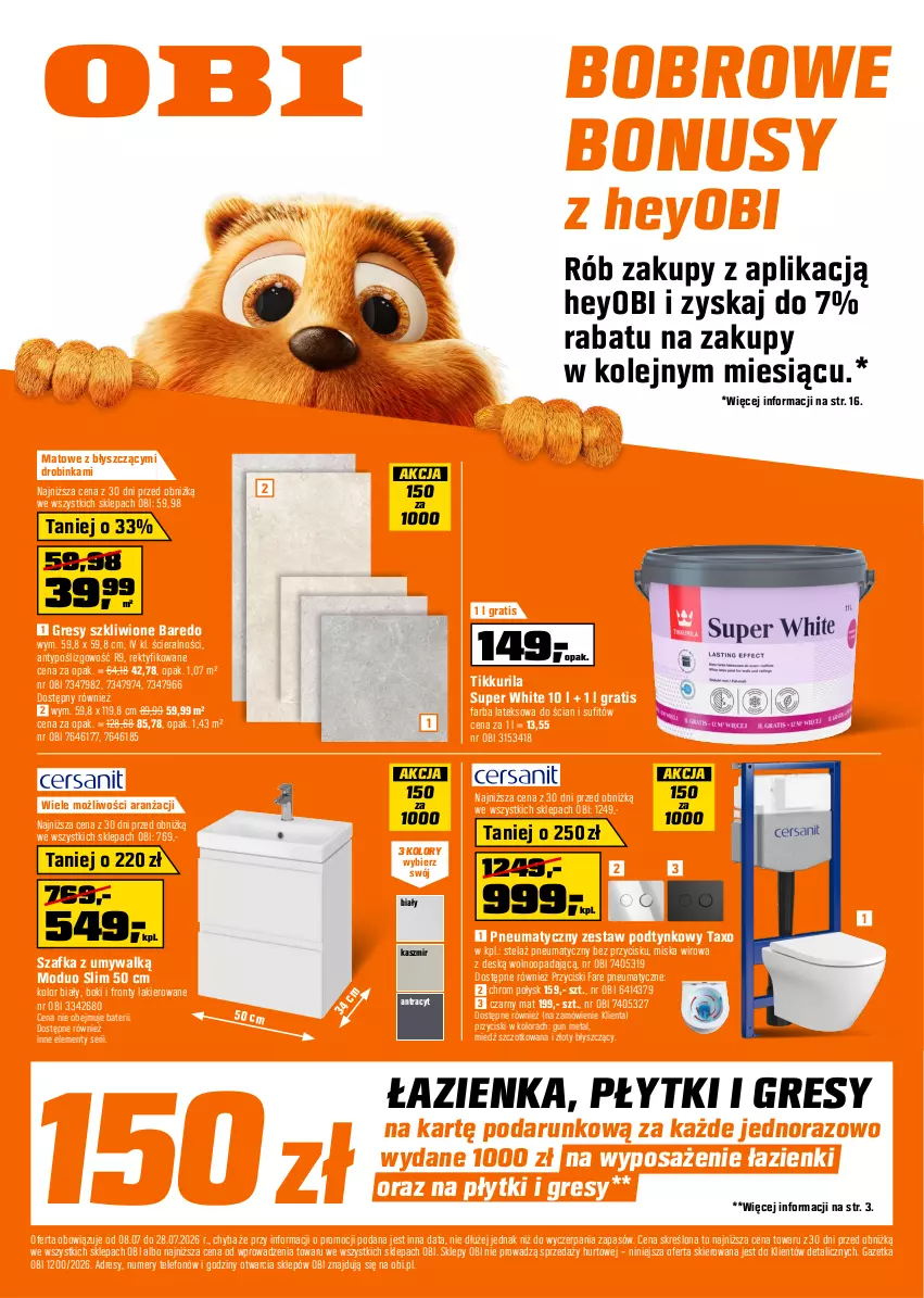 Gazetka promocyjna Obi - Gazetka OBI - ważna 08.07 do 28.07.2026 - strona 1 - produkty: Dres, Fa, Farba lateksowa, Gra, Gres, Inka, Lakier, Miska, Olej, Ser, Szafka, Telefon