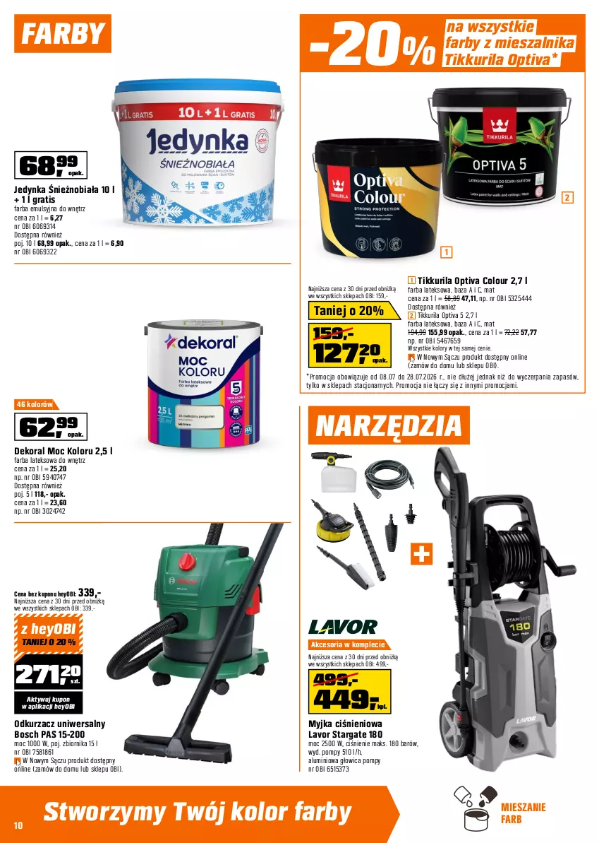 Gazetka promocyjna Obi - Gazetka OBI - ważna 08.07 do 28.07.2026 - strona 10 - produkty: Akumulator, Bosch, Dekoral, Fa, Farba lateksowa, Gra, Kasza, Kosiarka, Kosz, Myjka ciśnieniowa, Noż, Nożyce, Odkurzacz, Rama, Szal, Szlifierka, Szlifierka kątowa, Tarka, Tran, Warka, Wkręt, Wkrętarka, Wyrzynarka