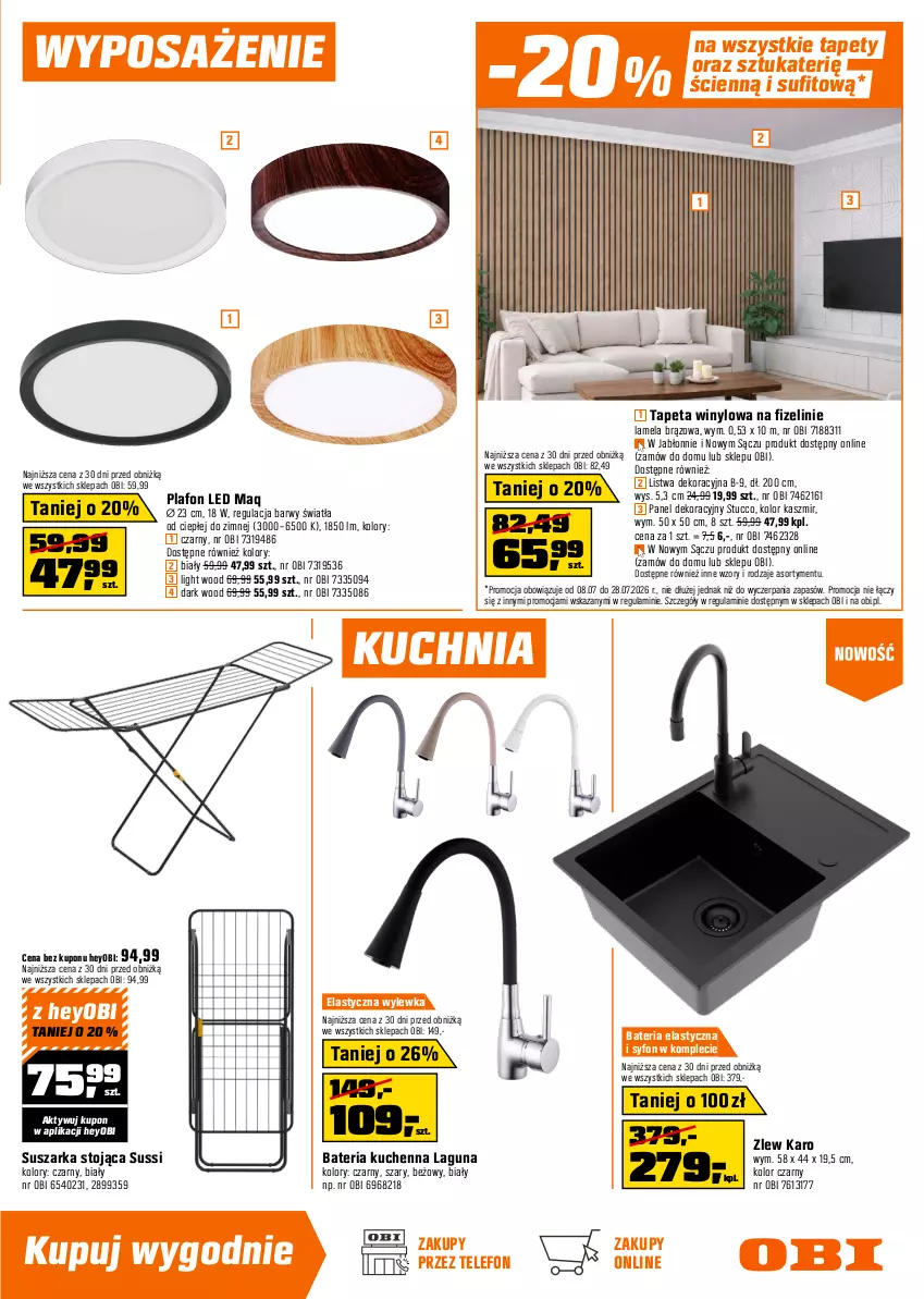 Gazetka promocyjna Obi - Gazetka OBI - ważna 08.07 do 28.07.2026 - strona 5 - produkty: Bateria, Bateria kuchenna, Gres, Inka, Kuchnia, Listwa, Panel dekoracyjny, Plafon, Plafon LED, Sok, Suszarka, Syfon, Tapeta, Tapety, Telefon, Zlew