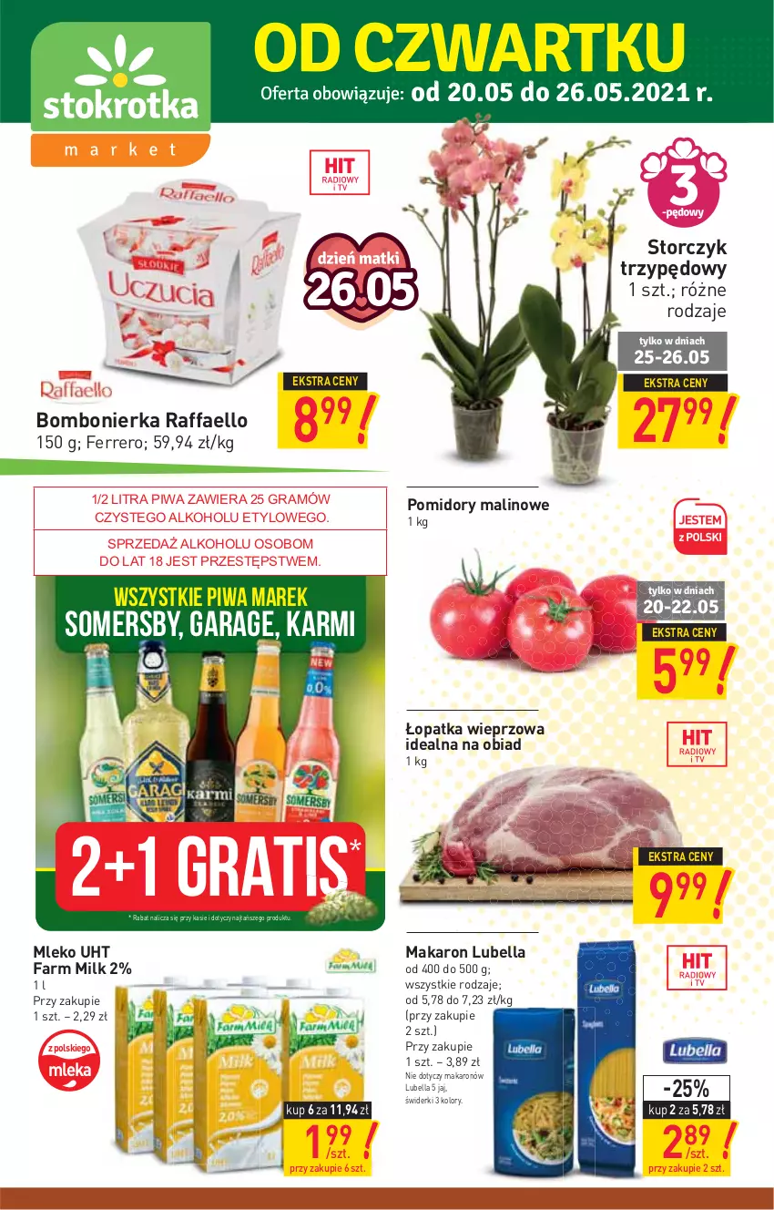 Gazetka promocyjna Stokrotka - Market - ważna 20.05 do 26.05.2021 - strona 1 - produkty: Bell, Bella, Fa, Farm Milk, Ferrero, Gra, Karmi, Lubella, Makaron, Mleko, Piwa, Pomidory, Raffaello, Somersby, Storczyk