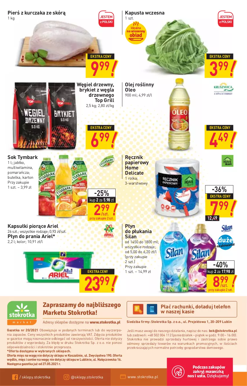 Gazetka promocyjna Stokrotka - Market - ważna 20.05 do 26.05.2021 - strona 12 - produkty: Ariel, Grill, Kosz, Kurczak, O nas, Olej, Olej roślinny, Oleo, Papier, Płyn do płukania, Płyn do prania, Ręcznik, Ser, Silan, Sok, Szal, Telefon, Top, Tymbark, Wagi, Węgiel drzewny