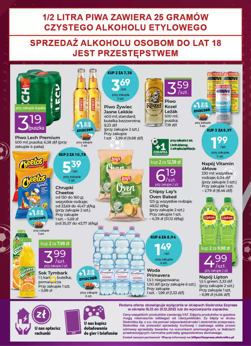 Gazetka promocyjna Stokrotka - Stokrotka Express - ważna 15.12 do 21.12.2022 - strona 4 - produkty: Cheetos, Chipsy, Chrupki, Gra, HP, Lech Premium, Lipton, Napój, Piwa, Piwo, Por, Prima, Primavera, Sok, Telefon, Tymbark, Woda