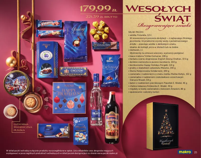 Gazetka promocyjna Makro - Świat prezentów - gotowe kosze i zestawy świąteczne oferta z alkoholem - ważna 16.10 do 23.12.2022 - strona 25 - produkty: Baton, Chałwa, Czekolada, E. Wedel, Finlandia, Herbata, Herbata czarna, Jacobs, Kakao, Kawa, Kawa mielona, Kokos, Malibu, Migdały, Piernik, Praliny, Tchibo, Wawel, Wódka