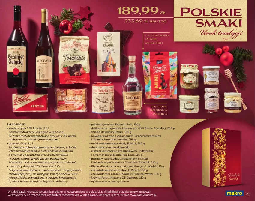 Gazetka promocyjna Makro - Świat prezentów - gotowe kosze i zestawy świąteczne oferta z alkoholem - ważna 16.10 do 23.12.2022 - strona 27 - produkty: Bukiet, Czekolada, Deser, E. Wedel, Fa, Kakao, Krakus, Miód, Miód pitny, Mleczko, Pasztet, Piernik, Pierniki w czekoladzie, Ptasie mleczko, Rolnik, Ser, Smalec, Wawel, Wino, Wódka