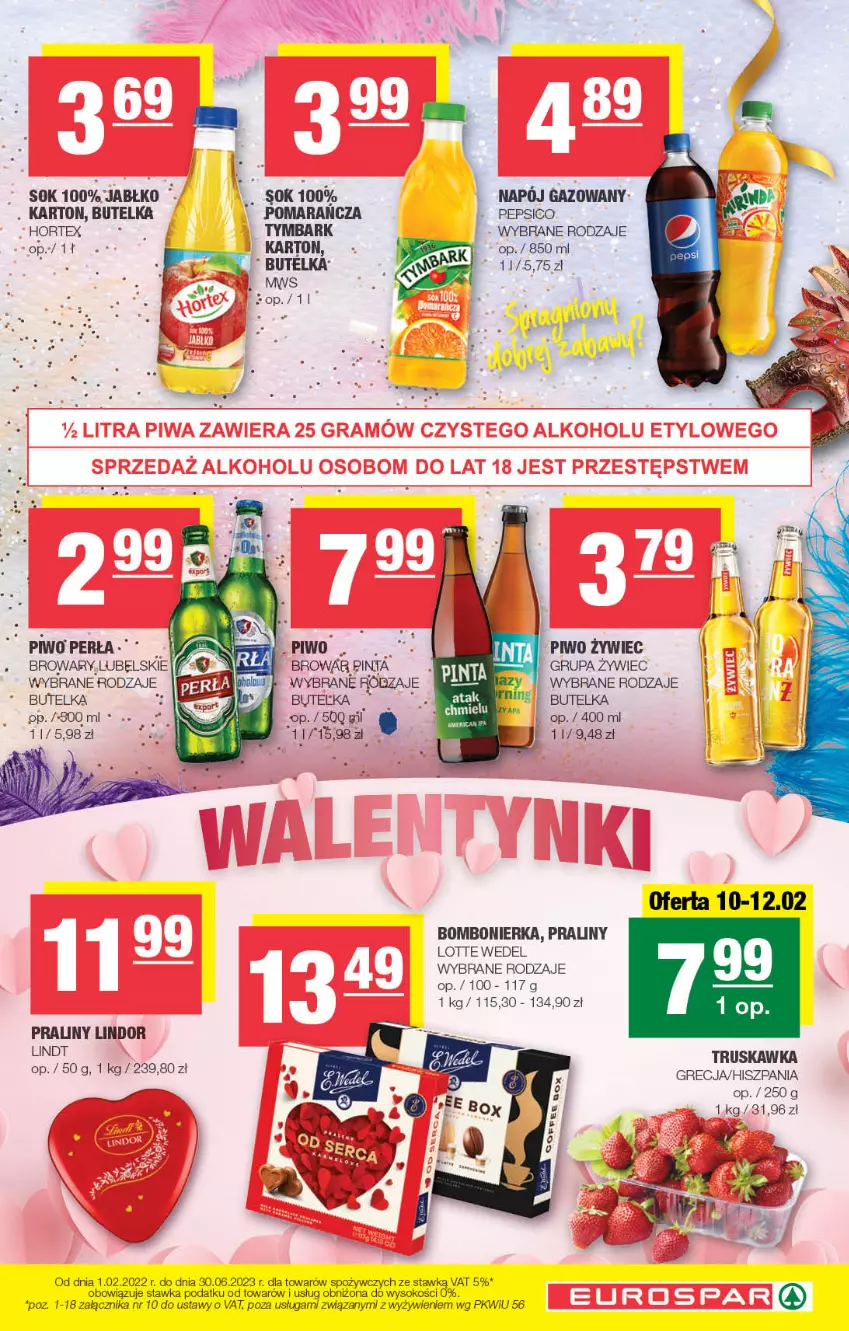 Gazetka promocyjna Spar - EuroSpar - ważna 29.01 do 08.02.2023 - strona 11 - produkty: Hortex, Lindor, Lindt, Pepsi, Perła, Piwo, Praliny, Sok, Tymbark