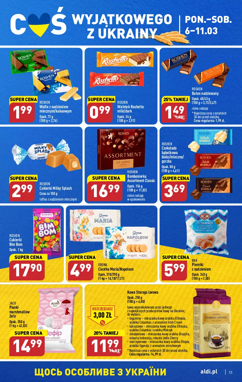 Gazetka promocyjna Aldi - Pełny katalog - ważna 06.03 do 11.03.2023 - strona 15 - produkty: Baton, Ciastka, Columbia, Cukier, Cukierki, Czekolada, Danio, Kakao, Kawa, Leon, Mars, Oleo, Piernik, Wafelek, Wafle