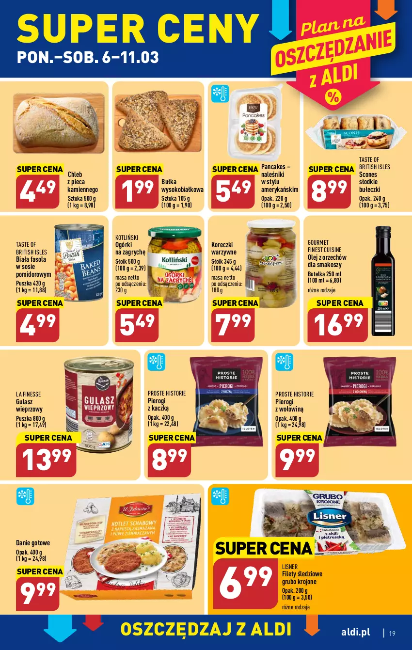 Gazetka promocyjna Aldi - Pełny katalog - ważna 06.03 do 11.03.2023 - strona 19 - produkty: Brit, Bułeczki, Bułka, Chleb, Danie gotowe, Fa, Fasola, Gry, Kosz, Lisner, Naleśniki, Olej, Piec, Pierogi, Sok, Sos