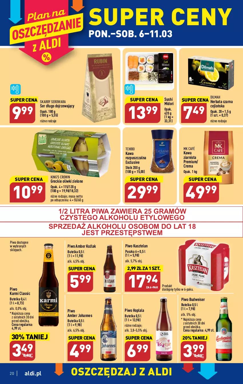 Gazetka promocyjna Aldi - Pełny katalog - ważna 06.03 do 11.03.2023 - strona 20 - produkty: Dilmah, Gra, Herbata, Herbata czarna, Karmi, Kasztelan, Kawa, Kawa rozpuszczalna, Kawa ziarnista, Oliwki, Oliwki zielone, Piwa, Piwo, Ser, Sushi, Tchibo