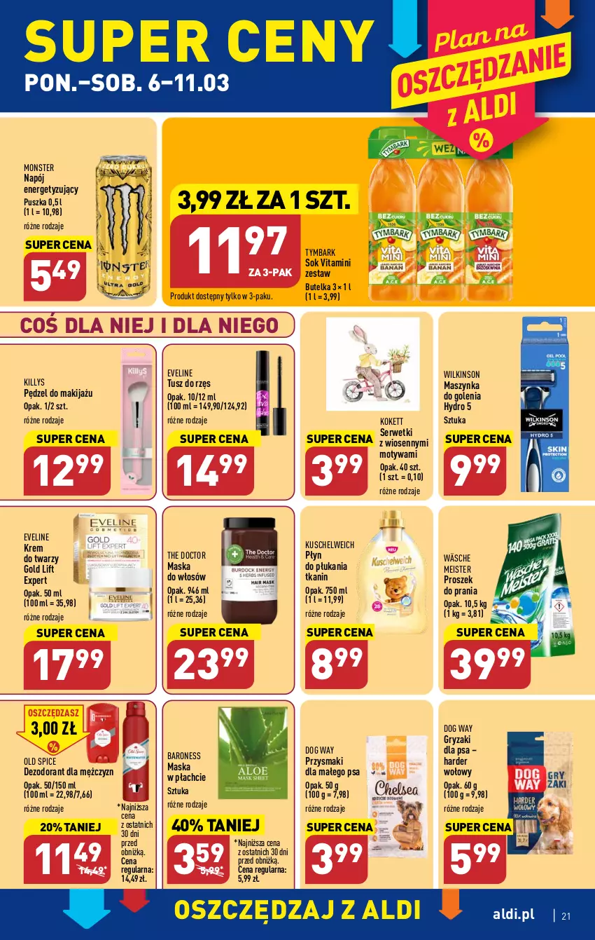 Gazetka promocyjna Aldi - Pełny katalog - ważna 06.03 do 11.03.2023 - strona 21 - produkty: Dezodorant, Eveline, Gry, Killys, Krem do twarzy, Makijaż, Maska, Maska do włosów, Maska w płachcie, Maszynka, Maszynka do golenia, Napój, Old Spice, Płyn do płukania, Proszek do prania, Przysmaki, Ser, Serwetki, Sok, Szynka, Tusz, Tymbark