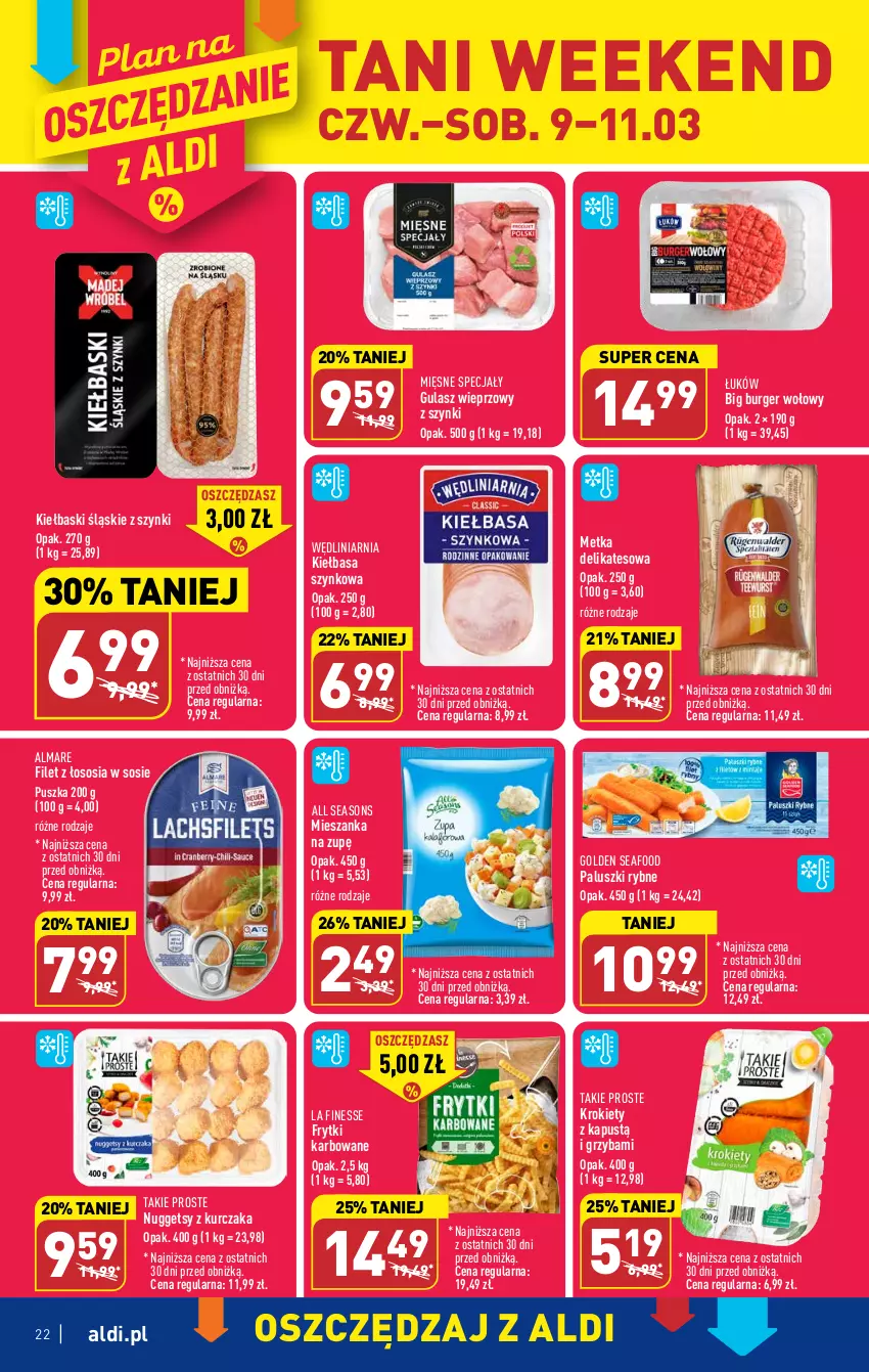 Gazetka promocyjna Aldi - Pełny katalog - ważna 06.03 do 11.03.2023 - strona 22 - produkty: All Seasons, Burger, Frytki, Golden Seafood, Kapustą, Kiełbasa, Kiełbasa szynkowa, Kiełbaski śląskie, Krokiety, Kurczak, Mięsne specjały, Paluszki rybne, Sos