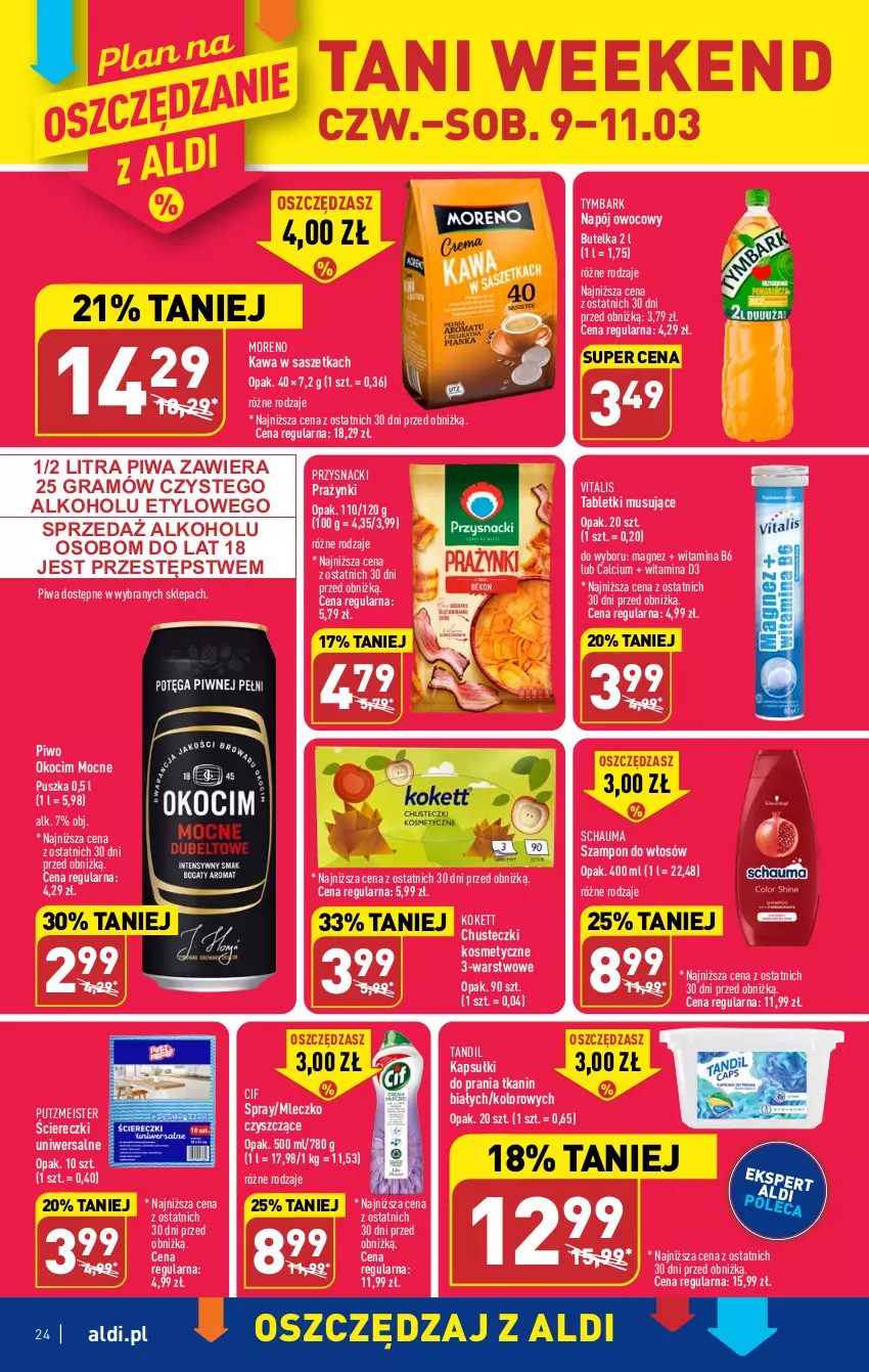 Gazetka promocyjna Aldi - Pełny katalog - ważna 06.03 do 11.03.2023 - strona 24 - produkty: Calcium, Chusteczki, Chusteczki kosmetyczne, Cif, Gra, Kapsułki do prania, Kawa, Koc, Magnez, Mleczko, Mus, Napój, Okocim, Piwa, Piwo, Przysnacki, Putzmeister, Schauma, Szampon, Tablet, Tabletki musujące, Tymbark