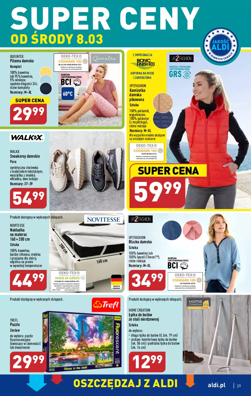 Gazetka promocyjna Aldi - Pełny katalog - ważna 06.03 do 11.03.2023 - strona 29 - produkty: Fa, Kamizelka, Materac, Piżama, Por, Puzzle, Queentex, Sneakersy, Sok, Spodnie, Tera, Wełna