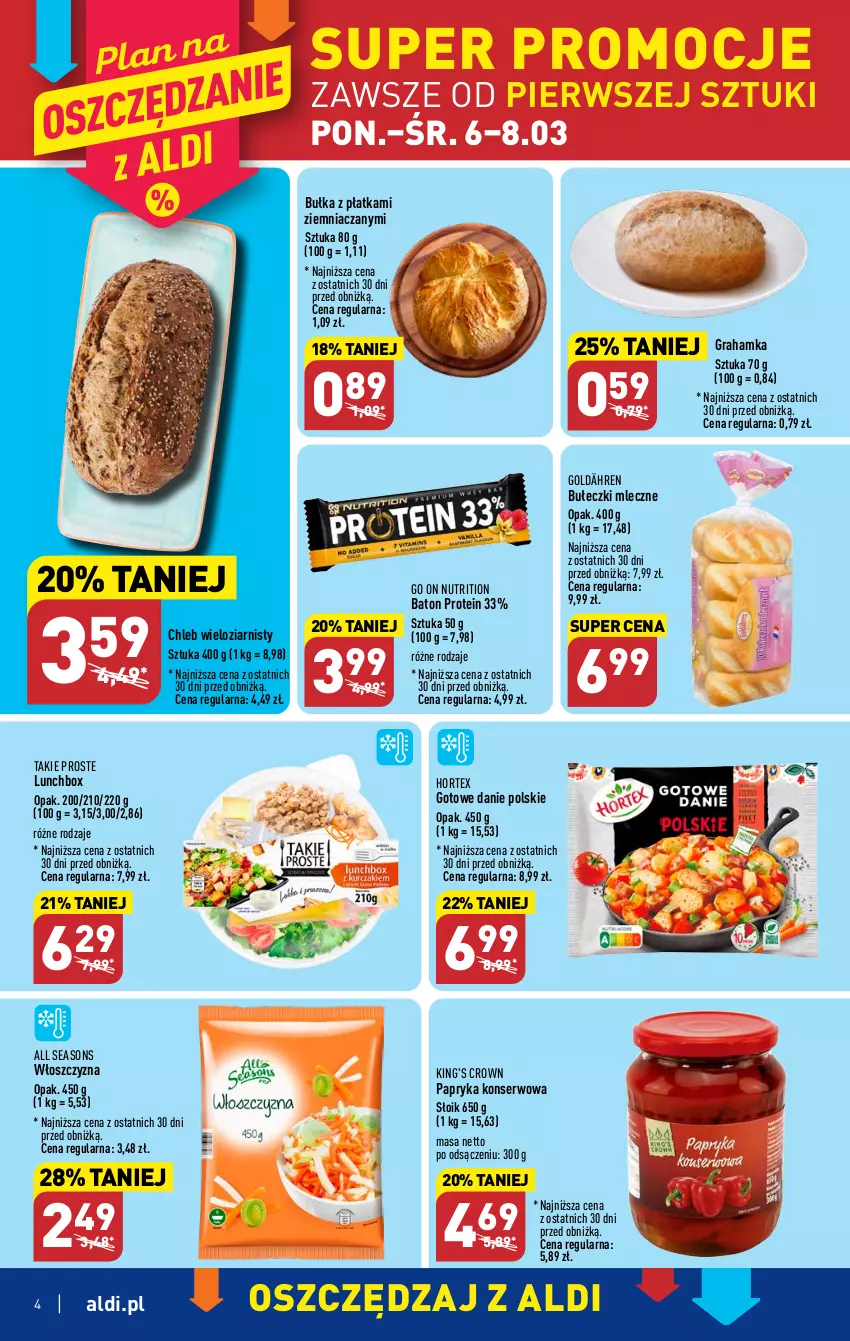 Gazetka promocyjna Aldi - Pełny katalog - ważna 06.03 do 11.03.2023 - strona 4 - produkty: All Seasons, Baton, Bułeczki, Bułeczki mleczne, Bułka, Chleb, Chleb wieloziarnisty, Gra, Hortex, Papryka, Ser