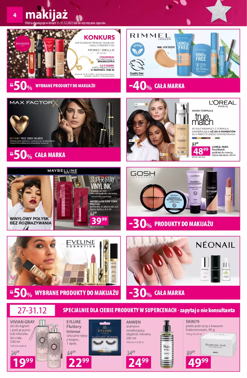 Gazetka promocyjna Hebe - Gazetka - ważna 15.12 do 31.12.2022 - strona 4 - produkty: Bell, Bourjois, Bransoletka, Gra, Klej, Makijaż, Maybelline, Mleczko, Mleczko do ciała, Podkład, Podkład do twarzy, Produkty do makijażu, Skin79, Szampon, Sztuczne rzęsy